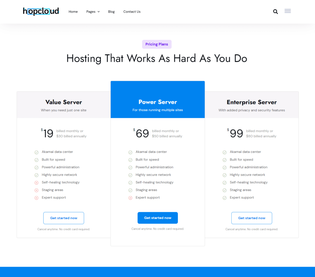 Pricing page of Hopcloud Elementor template kit