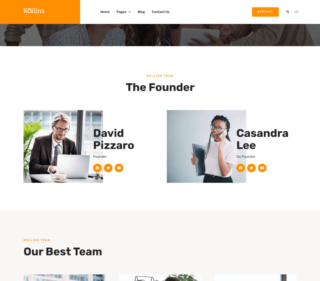 Team page of Kollins Elementor template kit