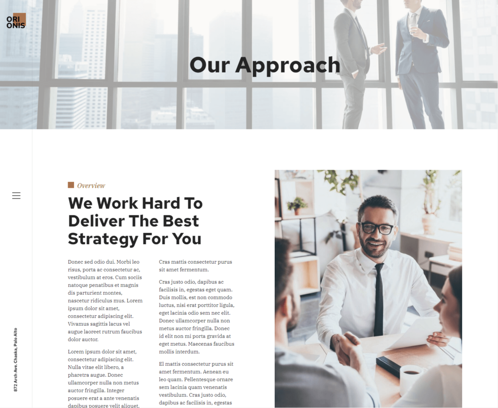 Our approach page of Orionis Elementor template kit