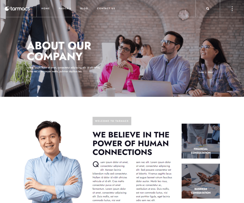 About page of Tarmacs Elementor template kit