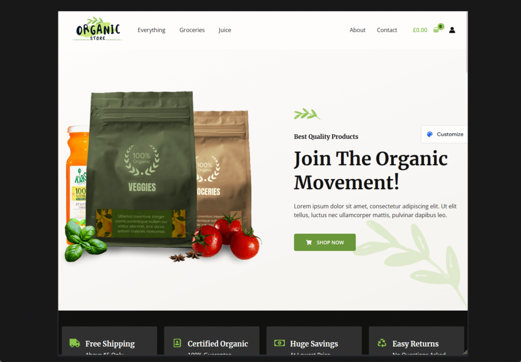 home page of astra theme’s organic store