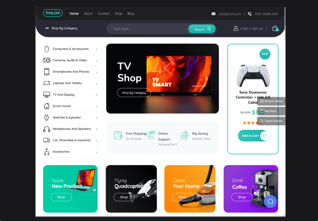 home page of phlox theme’s electronic shop