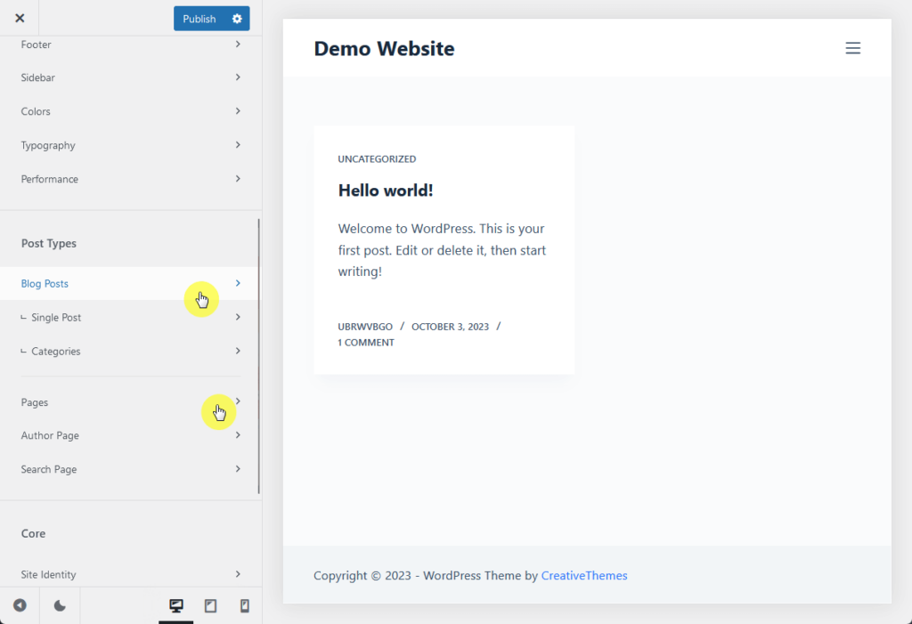 blocksy’s blog and page customizer options