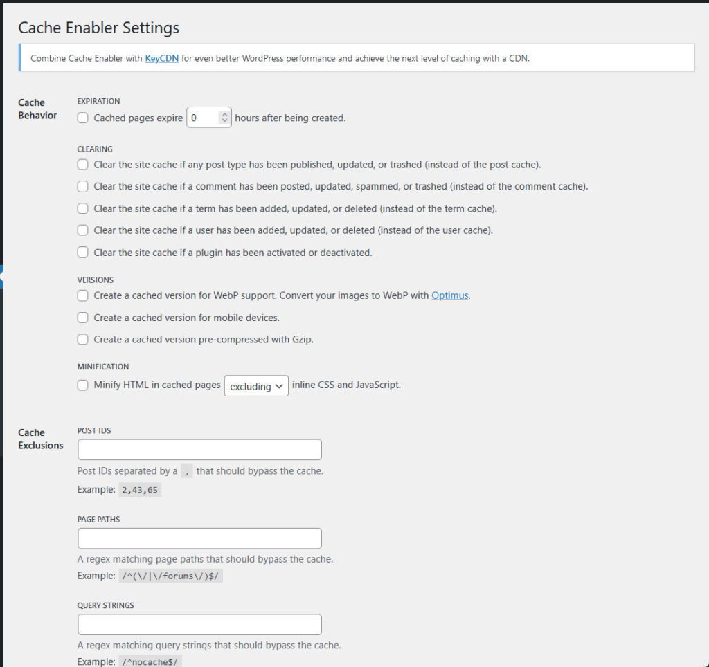 all the settings of cache enabler