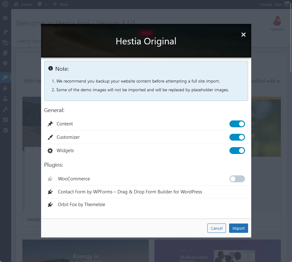 choose the elements to import from the hestia original demo site