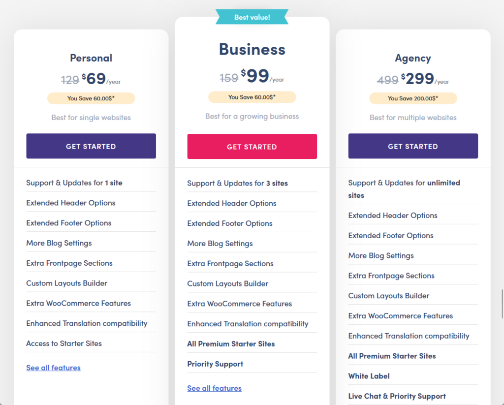 hestia theme’s pricing plans as of today