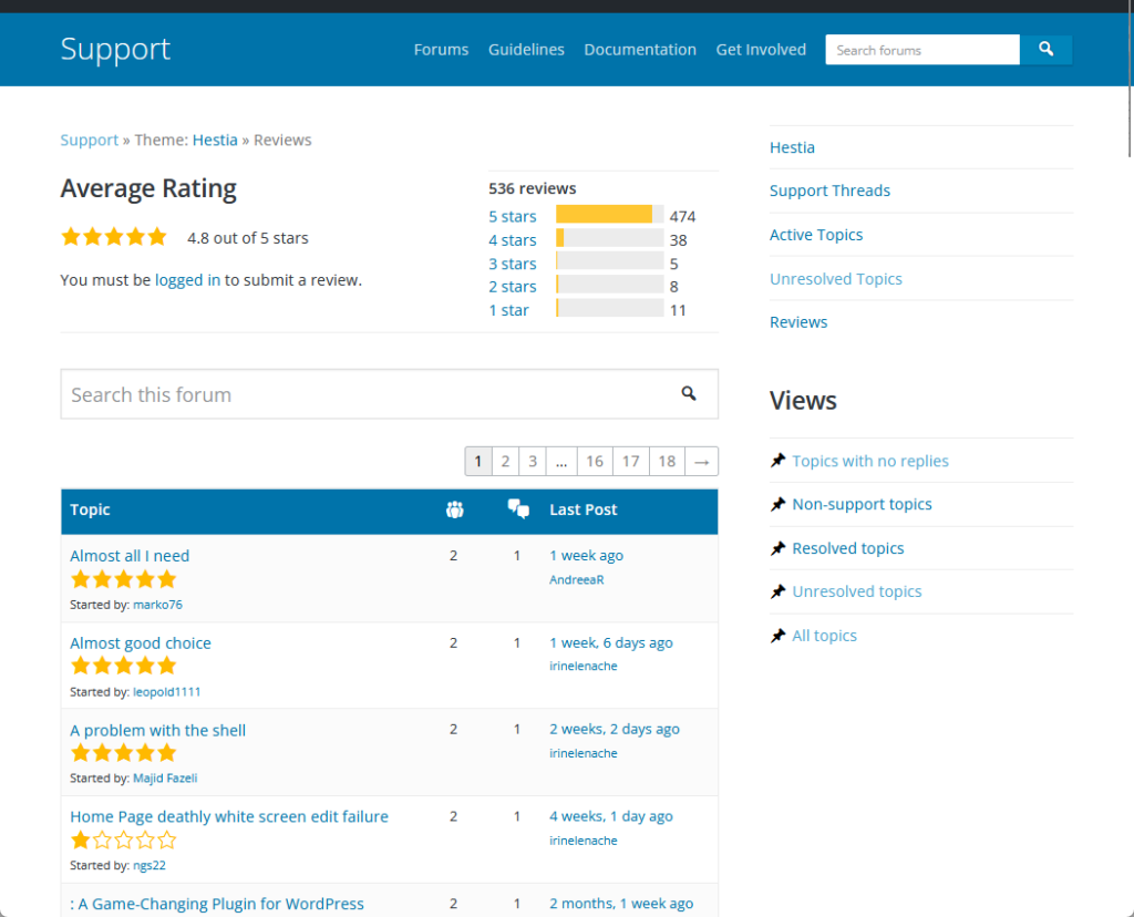 hestia’s support forum in wordpress