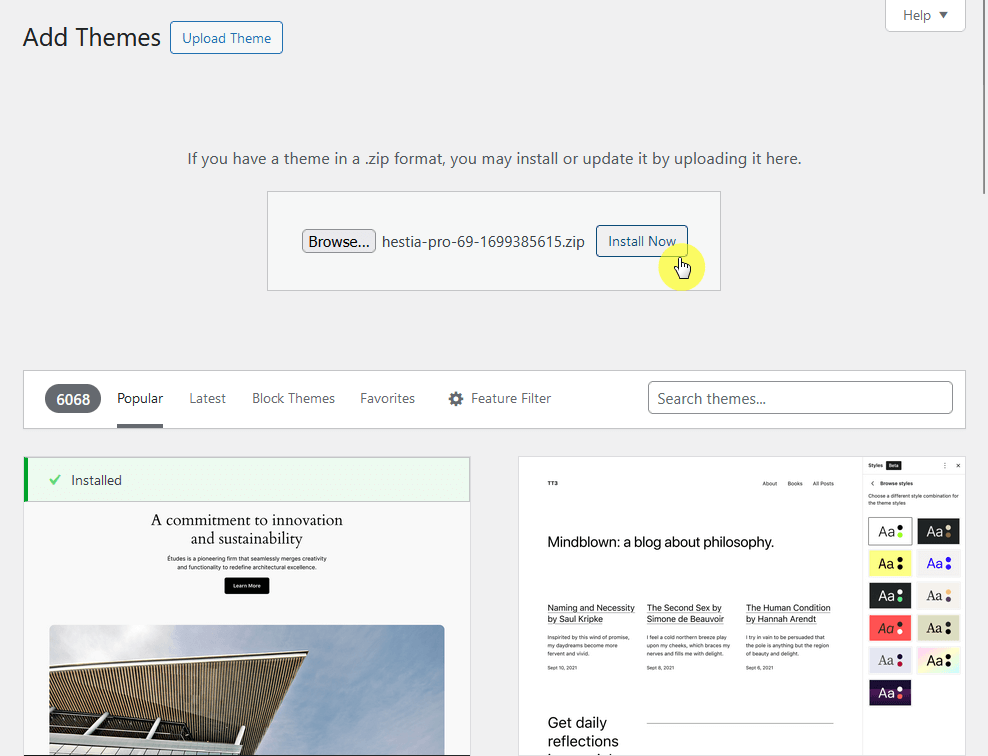 install the hestia pro theme to your website