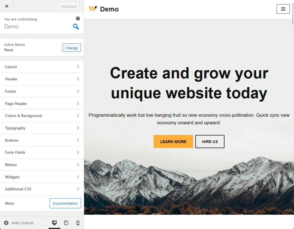 all the setting categories you will find in the theme customizer
