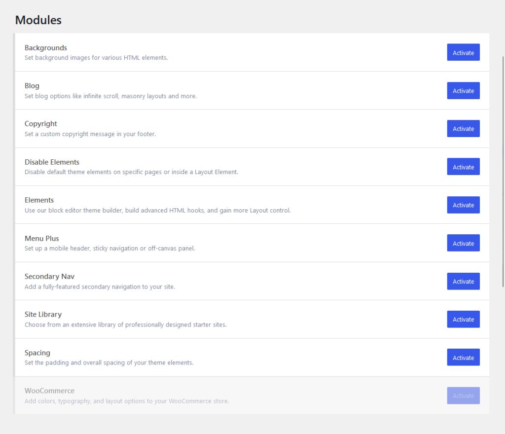 activate all the modules of the premium generatepress theme