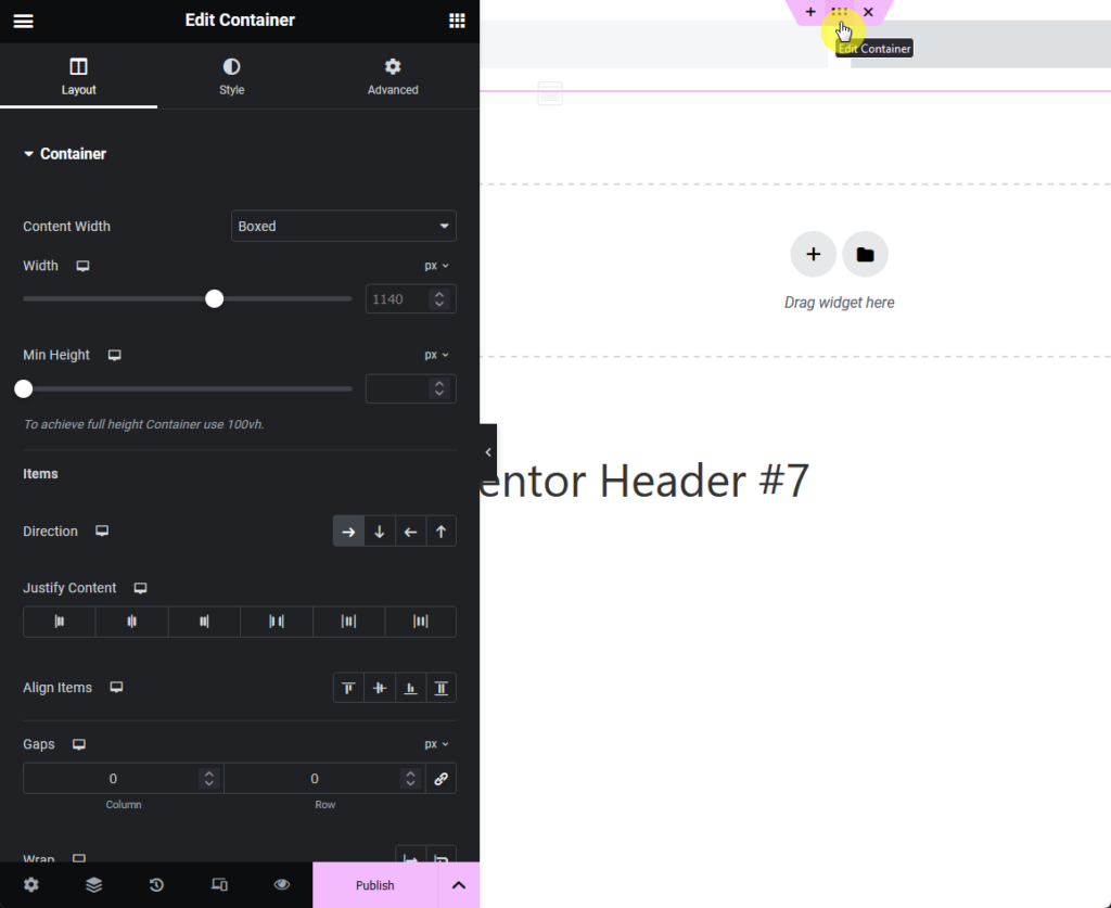 select and edit header container in elementor