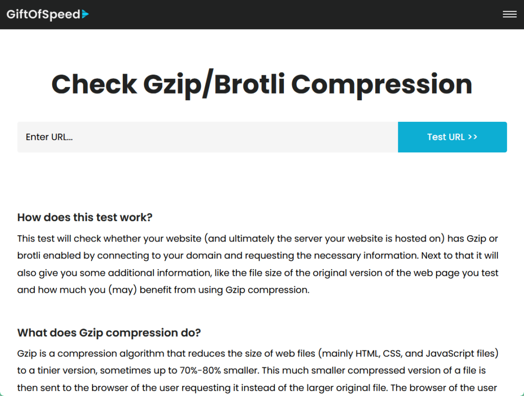 GiftOfSpeed GZIP enable compression test