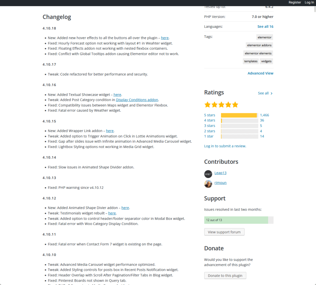 changelog of premium addons on wordpress plugin repository