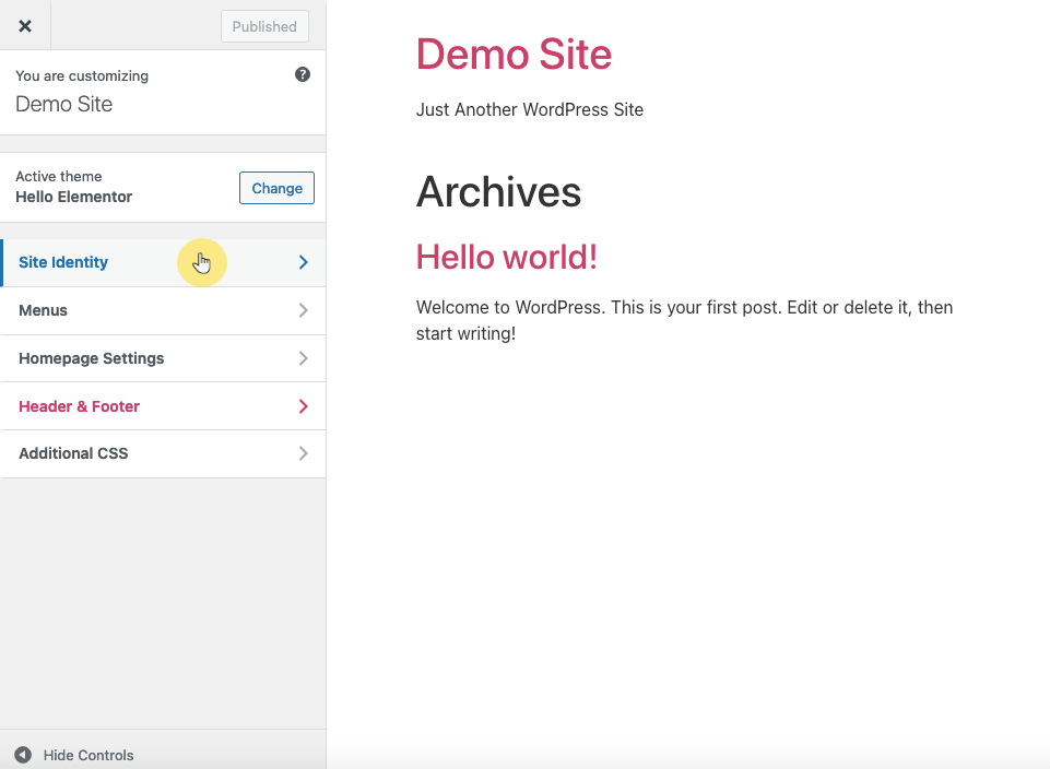 customizing demo site identity in the wordpress theme customizer