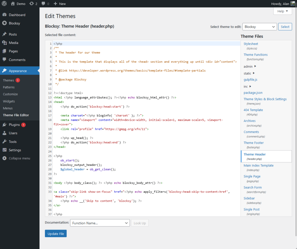 editing the header.php in the theme file editor