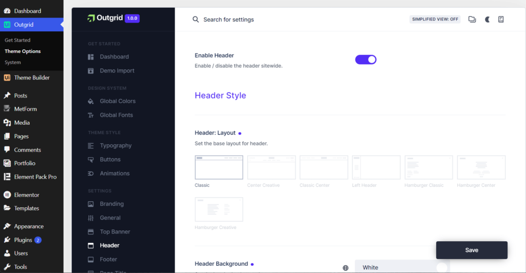 Header settings