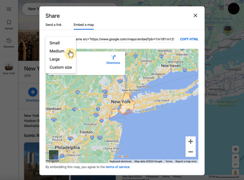 Google Maps > Share > Embed a Google Map > Size