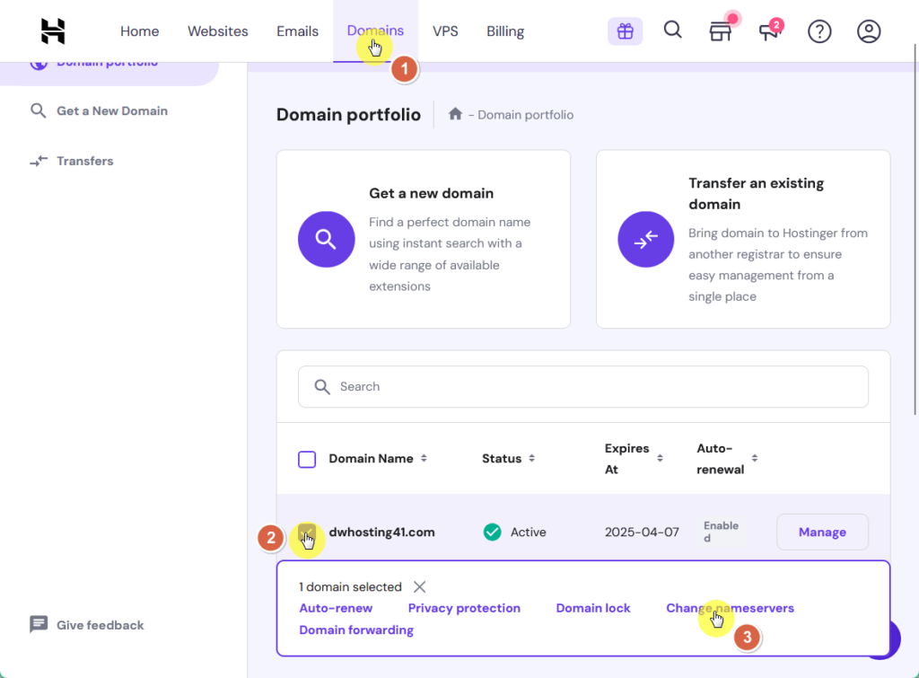 Change nameservers in the Hostinger site.